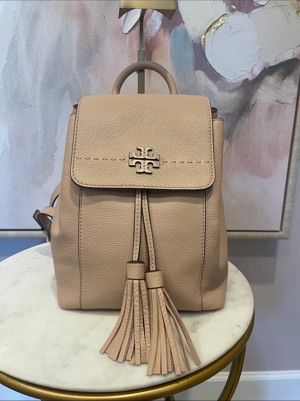 Tory Burch Pebbled Leather Tassel Backpack in Light Beige